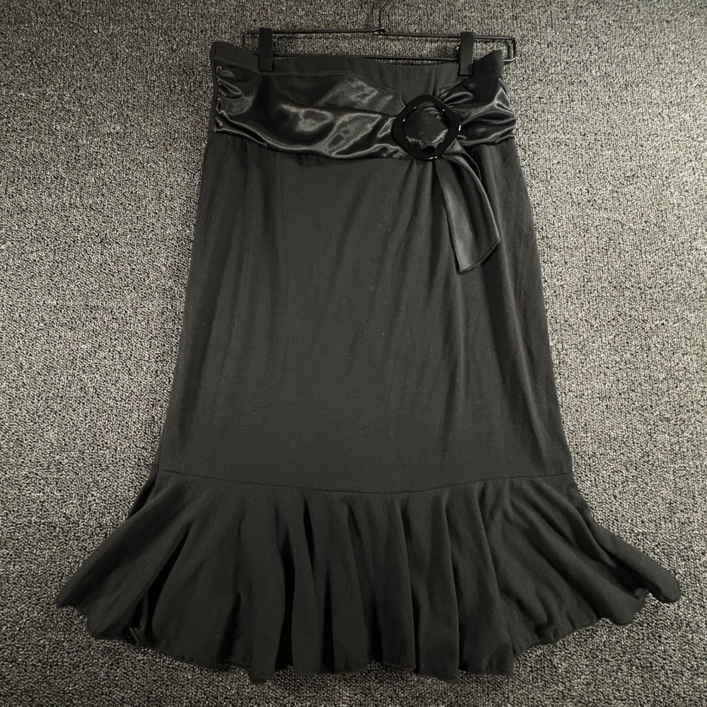 Y2K Vintage L8er Womens Large Black Ruffle Hem Midi Skirt Sash Buckle Detail